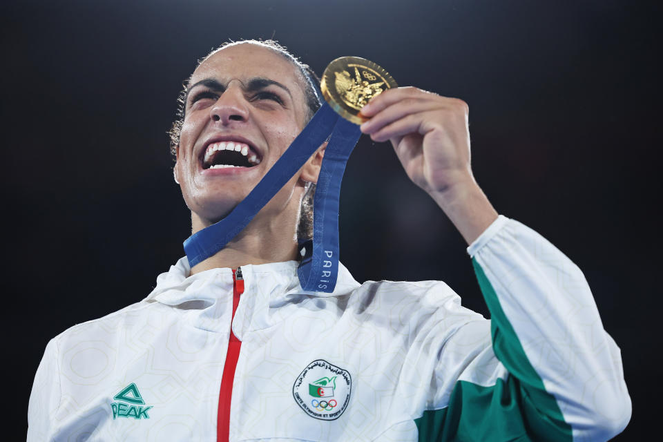 PARIS, FRANCE - AUGUST 09: Gold medalist Imane Khelif of Team Algeria celebrates with her award during the Boxing Women's 66kg awards ceremony after the Boxing Women's 66kg final on the fourteenth day of the Games of the Paris 2024 Olympics at Roland Garros on August 09, 2024. Paris, France. (Photo by Richard Pelham/Getty Images)